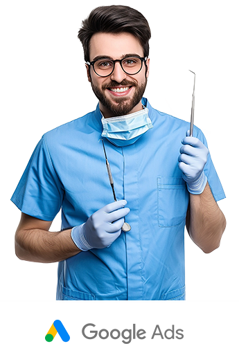 Dentista de máscara e luvas segurando instrumentos odontológicos