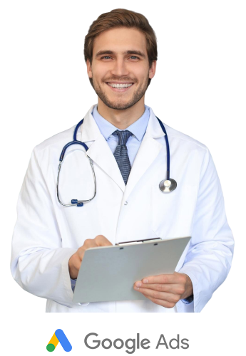 Médico de jaleco e estetoscópio segurando uma prancheta