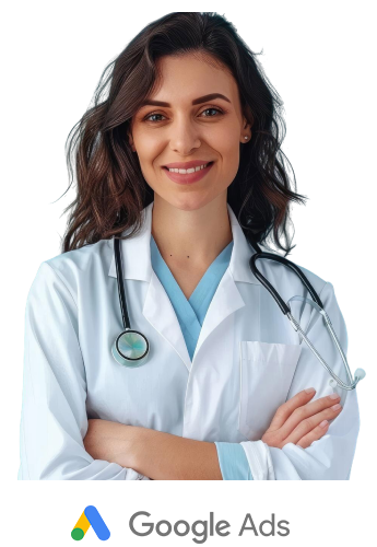 Médica de jaleco e estetoscópio, de braços cruzados, sorrindo