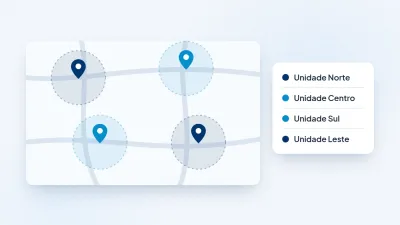 Mapa de uma cidade com quatro unidades de uma rede, cada uma com a sua área de anúncio