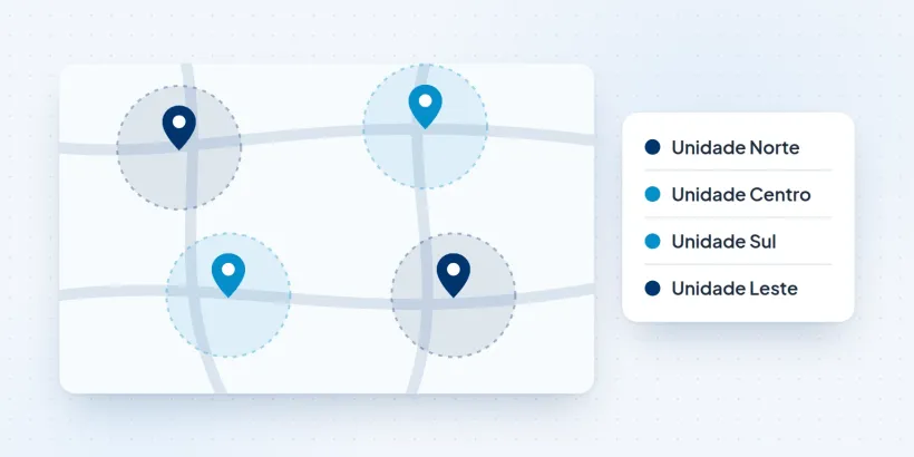 Mapa de uma cidade com quatro unidades de uma rede, cada uma com a sua área de anúncio