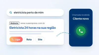Anúncio no Google com o botão Ligar e a chamada de um cliente novo chegando no celular