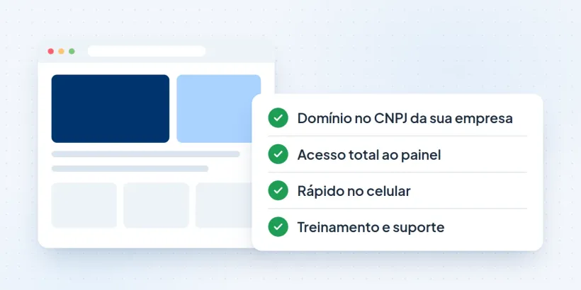 Site no navegador e o que vem junto: domínio no CNPJ, acesso total, celular e treinamento